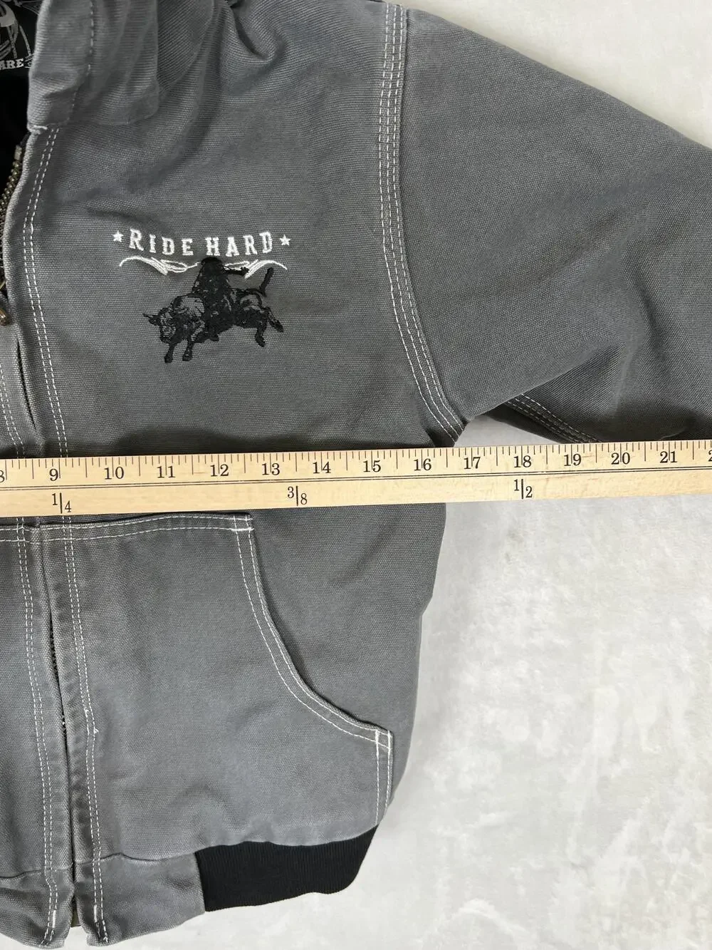 Cowboy Hardware Jacket Boys Medium Gray Ride Hard Western Hooded Canvas Bomber